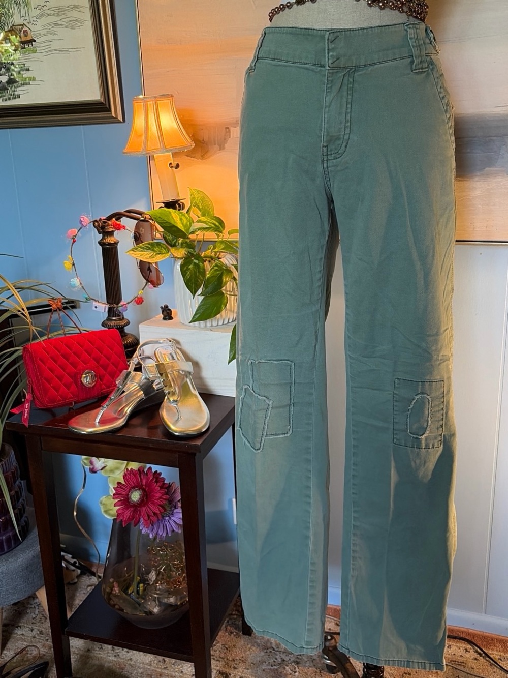 CAbi Sage Green Wide-Leg Jeans with Knee Patch Accents